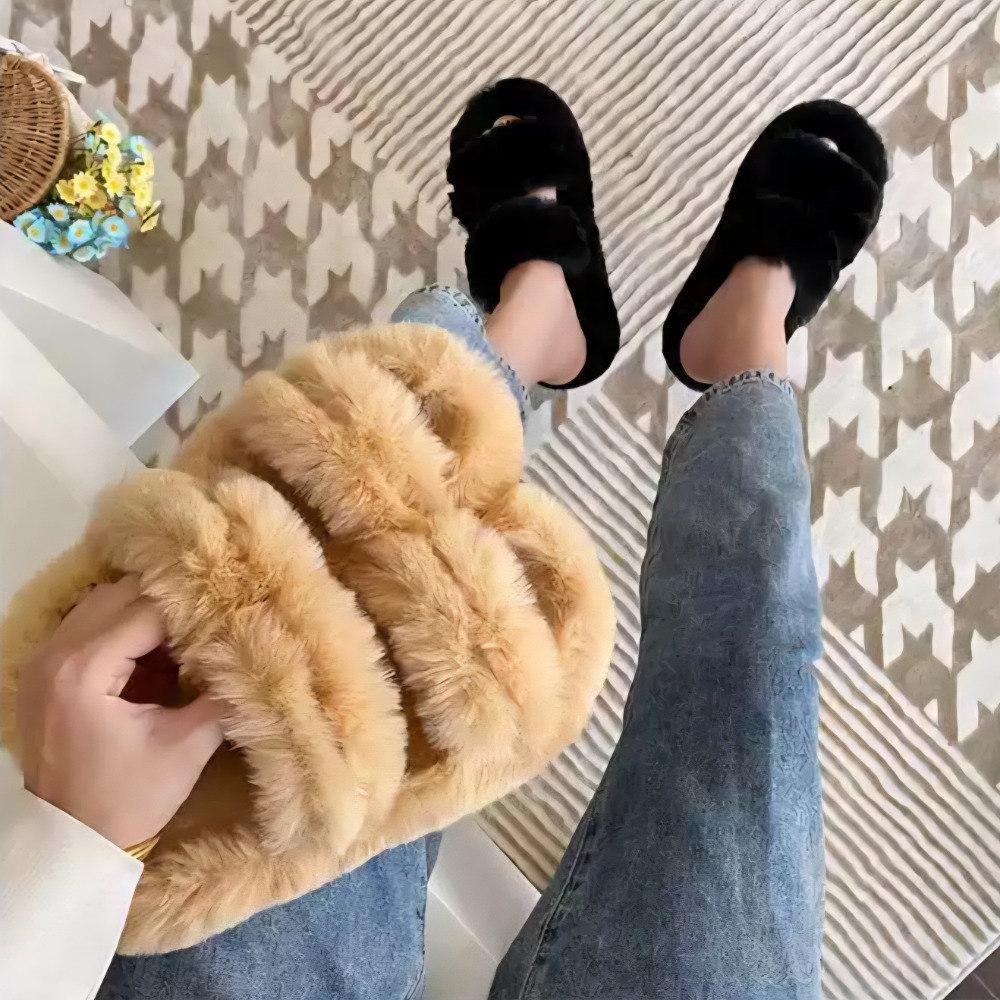 大尺碼 韓版ins 毛毛拖鞋 外穿一字帶 雙帶 保暖拖鞋 室內外拖鞋 居家拖鞋 外出拖鞋 防滑耐磨 軟Q QQ2222-細節圖2