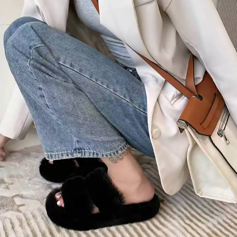 大尺碼 韓版ins 毛毛拖鞋 外穿一字帶 雙帶 保暖拖鞋 室內外拖鞋 居家拖鞋 外出拖鞋 防滑耐磨 軟Q QQ2222-細節圖4