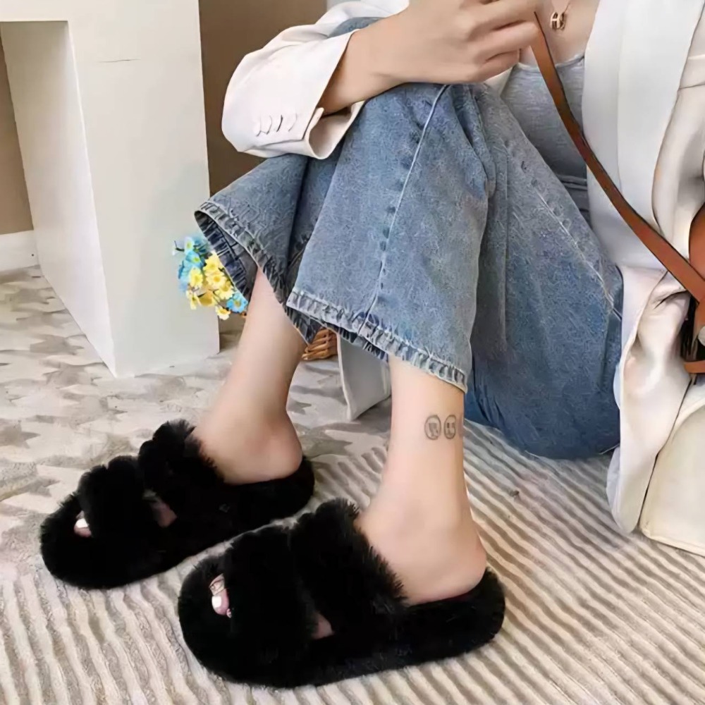 大尺碼 韓版ins 毛毛拖鞋 外穿一字帶 雙帶 保暖拖鞋 室內外拖鞋 居家拖鞋 外出拖鞋 防滑耐磨 軟Q QQ2222-細節圖5