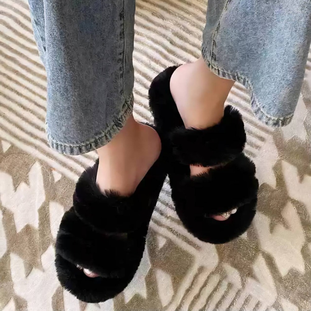 大尺碼 韓版ins 毛毛拖鞋 外穿一字帶 雙帶 保暖拖鞋 室內外拖鞋 居家拖鞋 外出拖鞋 防滑耐磨 軟Q QQ2222-細節圖6