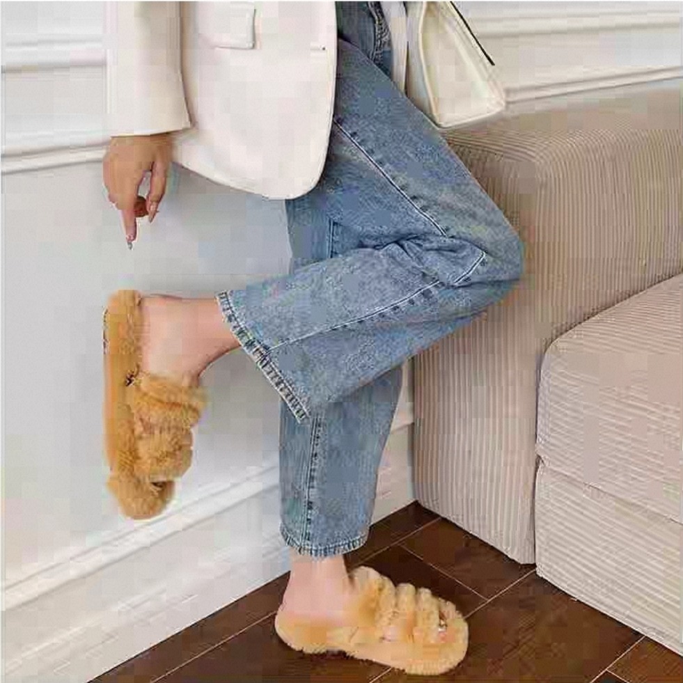 大尺碼 韓版ins 毛毛拖鞋 外穿一字帶 雙帶 保暖拖鞋 室內外拖鞋 居家拖鞋 外出拖鞋 防滑耐磨 軟Q QQ2222-細節圖8