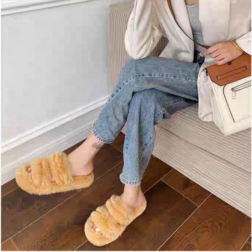 大尺碼 韓版ins 毛毛拖鞋 外穿一字帶 雙帶 保暖拖鞋 室內外拖鞋 居家拖鞋 外出拖鞋 防滑耐磨 軟Q QQ2222-細節圖9