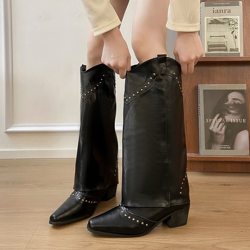 大尺碼42 長筒靴女靴子 復古高跟鞋 V口西部牛仔靴騎士靴 高筒 粗跟尖頭長靴 韓國長靴 韓版長靴 顯瘦長靴 G1047-細節圖6