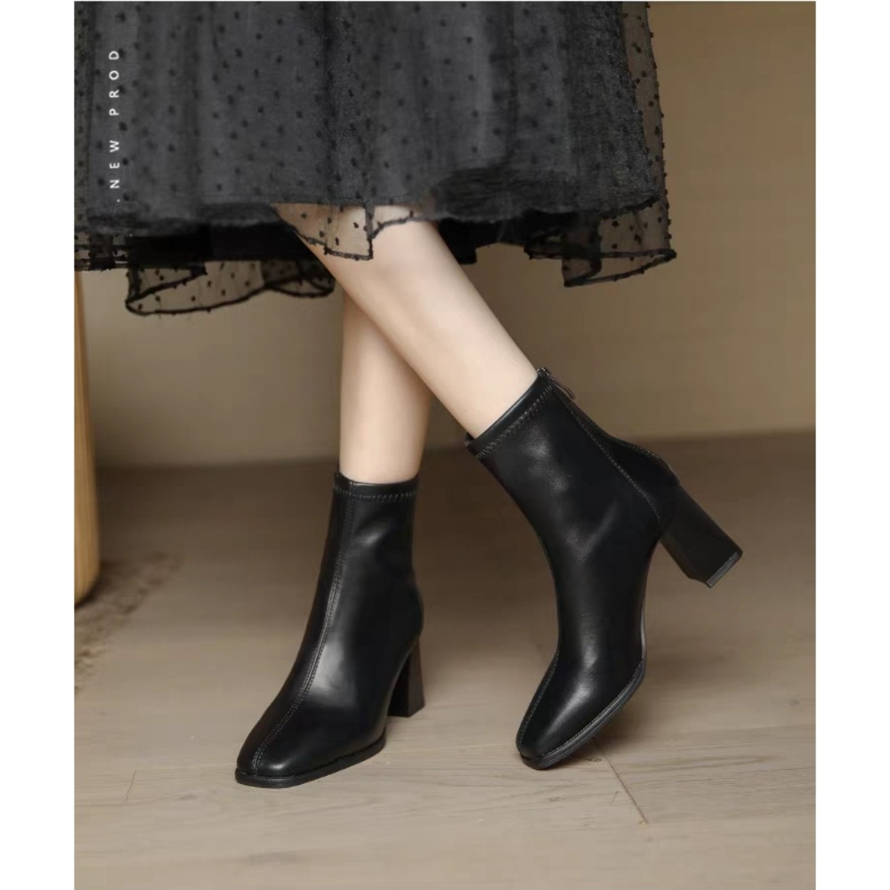 韓版短靴 方頭靴 後拉鍊 短靴 踝靴 低跟靴 瘦瘦靴 粗跟靴 馬丁靴 小短靴 皮革 皮靴 粗跟短靴 軟皮短靴 0722-細節圖2