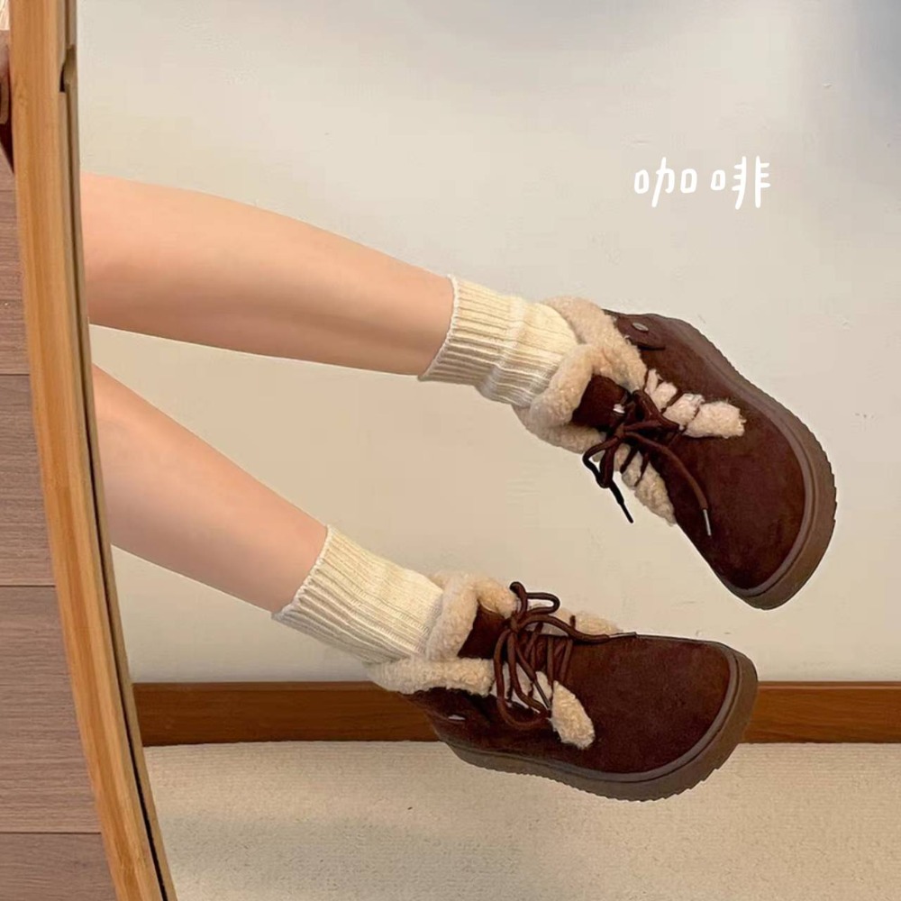 韓版拼接絨毛繫帶厚底短靴 保暖加絨加厚雪地靴 厚底鬆糕雪地靴 保暖棉鞋 毛毛靴 復古英倫風 厚底瘦瘦小短靴 G5487-細節圖3