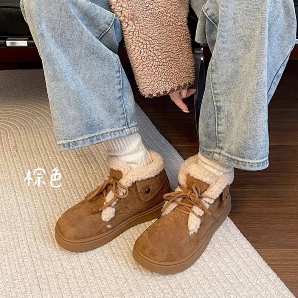 韓版拼接絨毛繫帶厚底短靴 保暖加絨加厚雪地靴 厚底鬆糕雪地靴 保暖棉鞋 毛毛靴 復古英倫風 厚底瘦瘦小短靴 G5487-細節圖4
