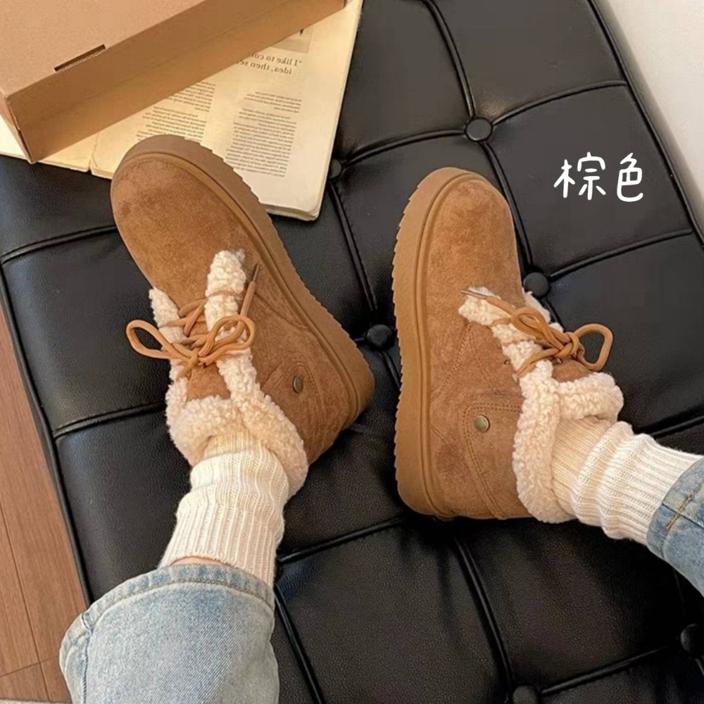 韓版拼接絨毛繫帶厚底短靴 保暖加絨加厚雪地靴 厚底鬆糕雪地靴 保暖棉鞋 毛毛靴 復古英倫風 厚底瘦瘦小短靴 G5487-細節圖5