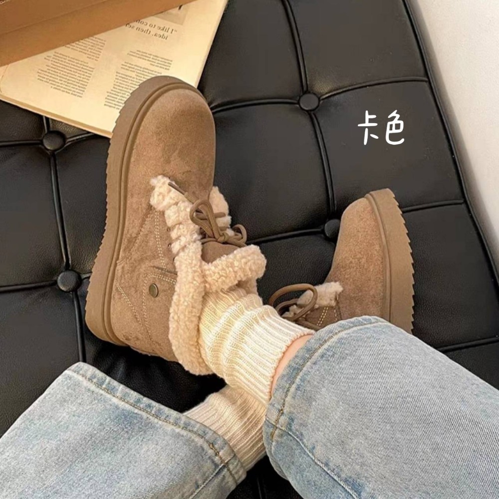 韓版拼接絨毛繫帶厚底短靴 保暖加絨加厚雪地靴 厚底鬆糕雪地靴 保暖棉鞋 毛毛靴 復古英倫風 厚底瘦瘦小短靴 G5487-細節圖9