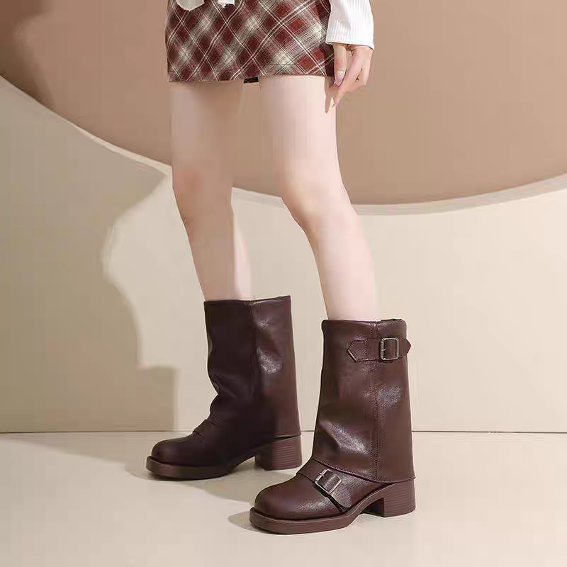 大尺碼36-42 西部牛仔靴 中筒靴 圓頭靴 靴子女 女靴 靴子 長靴女 膝下靴 皮靴 高筒靴 G9312-細節圖7