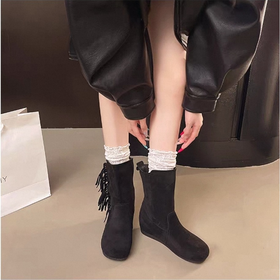 流蘇短靴麂皮短靴平底靴顯瘦保暖不磨腳好走百搭女靴中筒靴黑棕卡其秋冬靴韓系穿搭軟底舒適耐走通勤學生必備熱銷推薦爆款2521-細節圖3