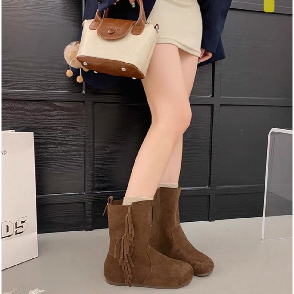 流蘇短靴麂皮短靴平底靴顯瘦保暖不磨腳好走百搭女靴中筒靴黑棕卡其秋冬靴韓系穿搭軟底舒適耐走通勤學生必備熱銷推薦爆款2521-細節圖4