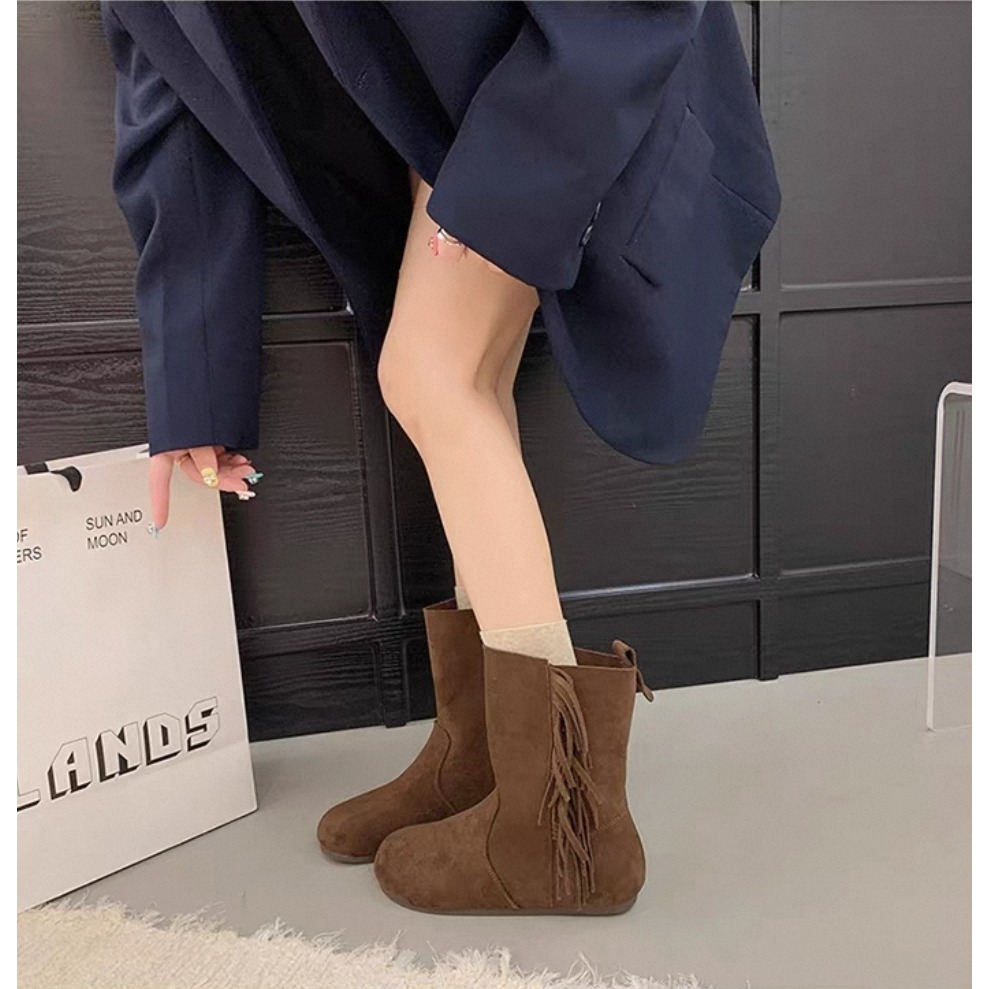 流蘇短靴麂皮短靴平底靴顯瘦保暖不磨腳好走百搭女靴中筒靴黑棕卡其秋冬靴韓系穿搭軟底舒適耐走通勤學生必備熱銷推薦爆款2521-細節圖5