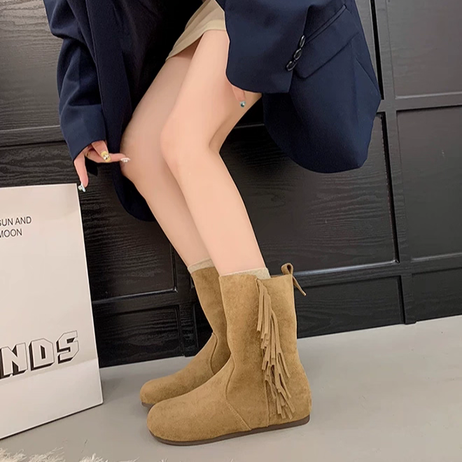 流蘇短靴麂皮短靴平底靴顯瘦保暖不磨腳好走百搭女靴中筒靴黑棕卡其秋冬靴韓系穿搭軟底舒適耐走通勤學生必備熱銷推薦爆款2521-細節圖6