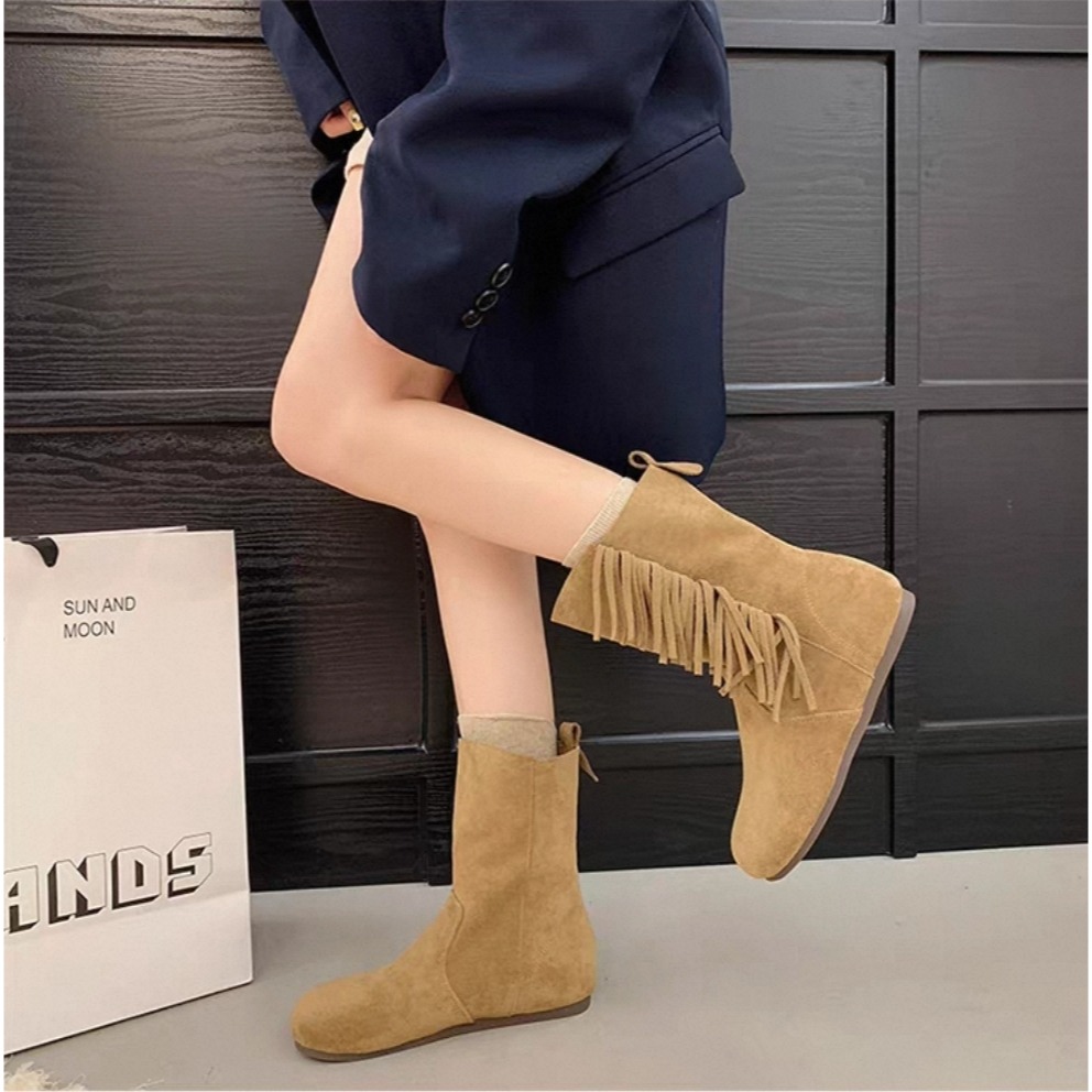 流蘇短靴麂皮短靴平底靴顯瘦保暖不磨腳好走百搭女靴中筒靴黑棕卡其秋冬靴韓系穿搭軟底舒適耐走通勤學生必備熱銷推薦爆款2521-細節圖7