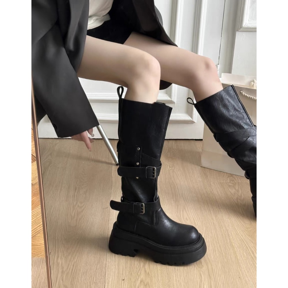 自留款 皮革交叉釦環厚底長靴 瘦瘦靴 長筒靴 高筒 增高 厚底 顯瘦 騎士靴 長靴 膝下靴 防潑水長靴 G1886-細節圖2