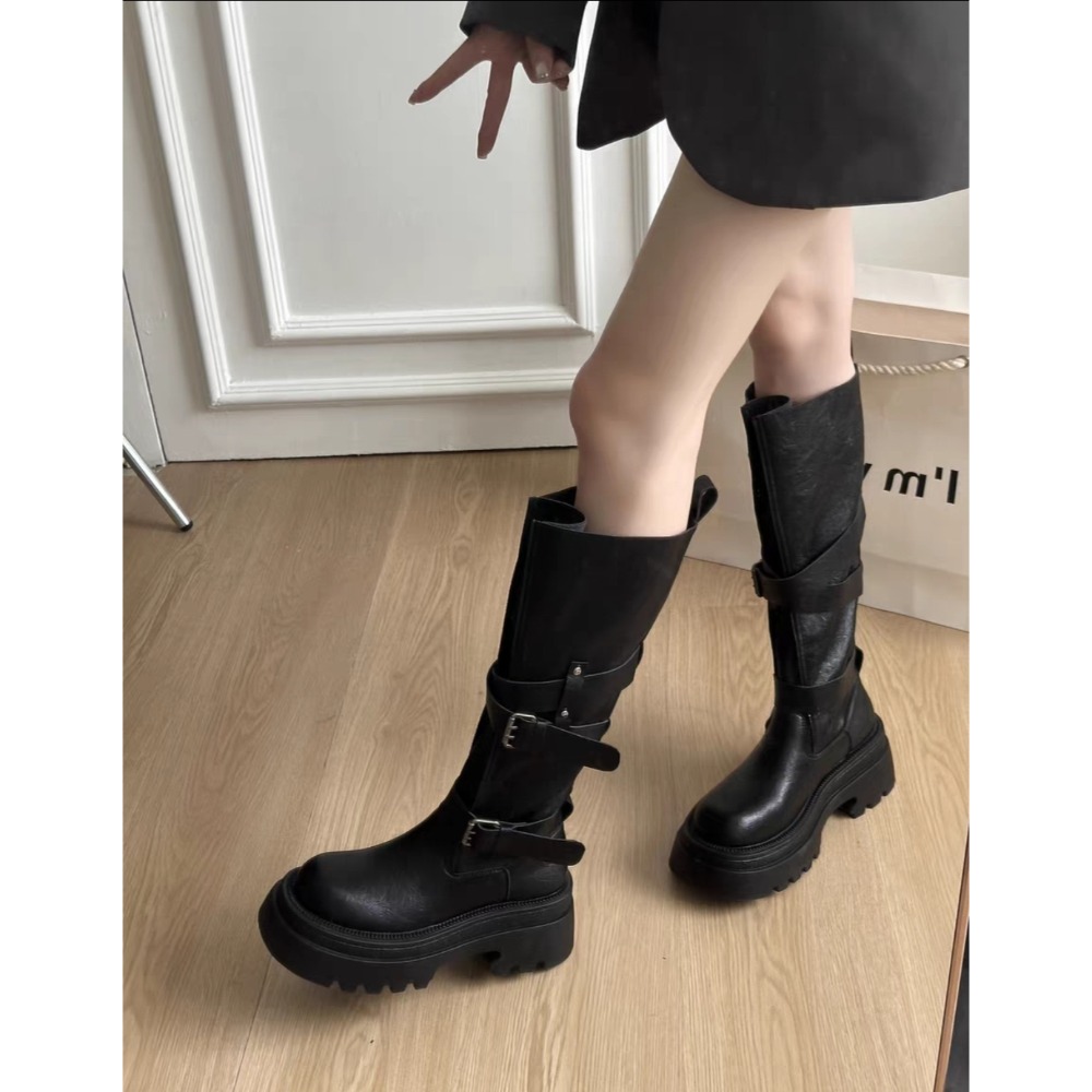 自留款 皮革交叉釦環厚底長靴 瘦瘦靴 長筒靴 高筒 增高 厚底 顯瘦 騎士靴 長靴 膝下靴 防潑水長靴 G1886-細節圖5
