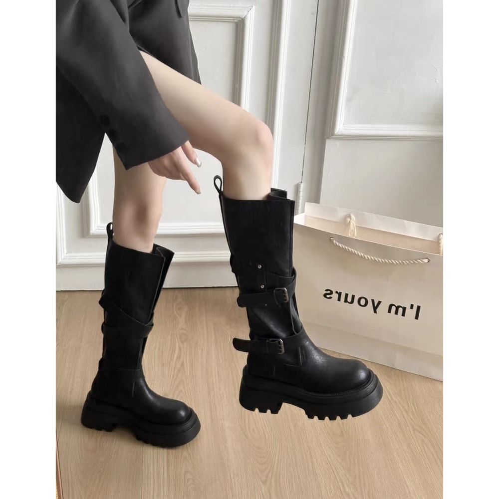 自留款 皮革交叉釦環厚底長靴 瘦瘦靴 長筒靴 高筒 增高 厚底 顯瘦 騎士靴 長靴 膝下靴 防潑水長靴 G1886-細節圖6