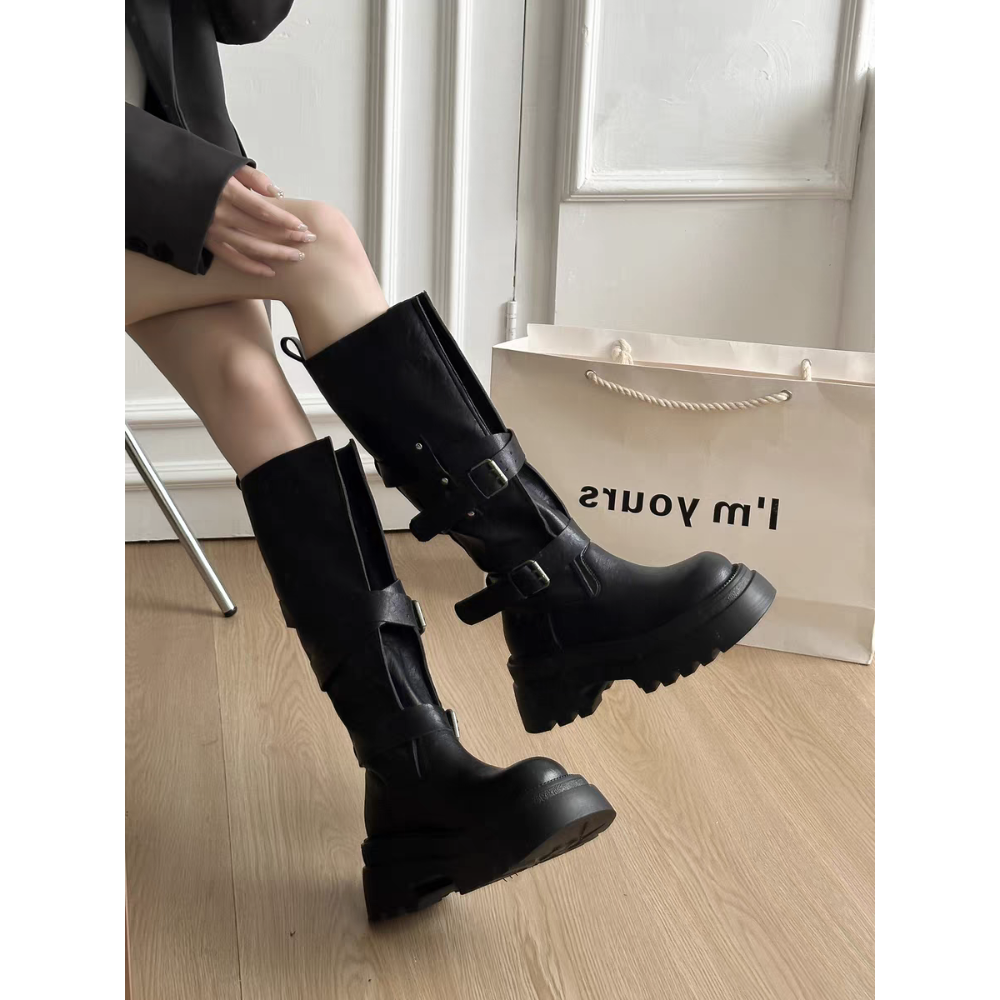 自留款 皮革交叉釦環厚底長靴 瘦瘦靴 長筒靴 高筒 增高 厚底 顯瘦 騎士靴 長靴 膝下靴 防潑水長靴 G1886-細節圖7