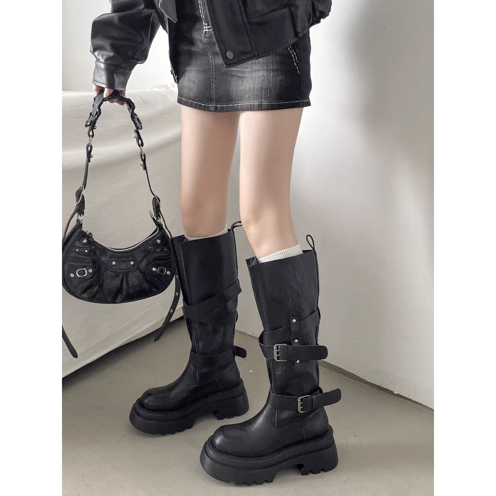 自留款 皮革交叉釦環厚底長靴 瘦瘦靴 長筒靴 高筒 增高 厚底 顯瘦 騎士靴 長靴 膝下靴 防潑水長靴 G1886-細節圖8