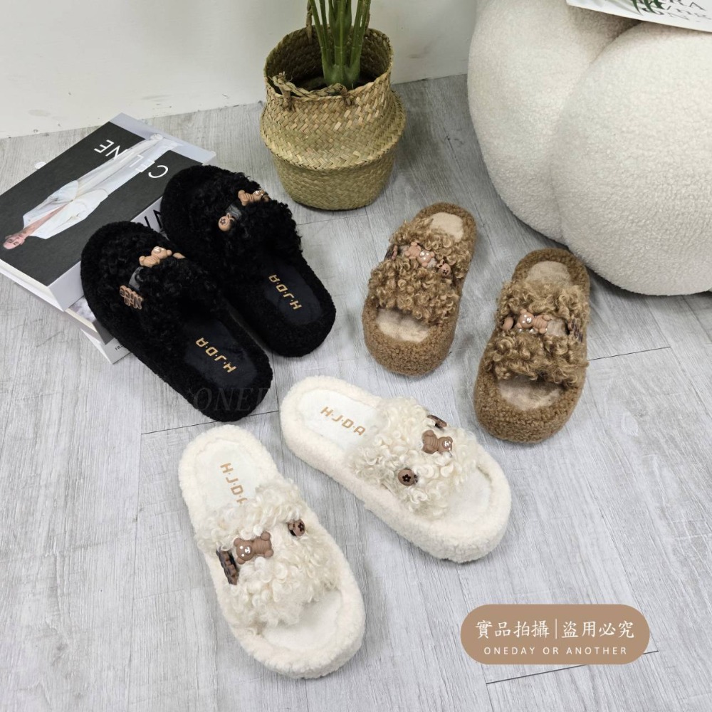 毛毛厚底拖鞋 小熊毛絨拖鞋 冬季可愛保暖不磨腳好走 軟底厚底不累腳 顯瘦增高穿起來腿超細 室內室外都可穿 168-細節圖2