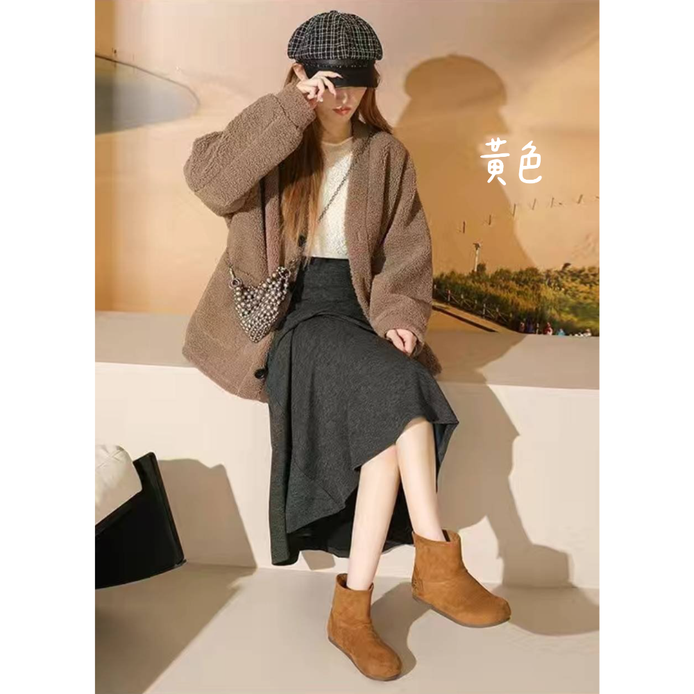 素色絨面圓頭短靴 內增高QQ軟墊 厚底短靴 雪靴 雪地靴 增高 厚底 靴子 短筒靴 保暖靴 內鋪毛 止滑耐磨 G8566-細節圖4