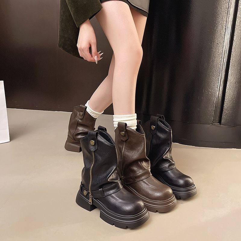 皮革V口厚底馬丁靴 切爾西靴 中筒靴 煙管靴 短靴 切爾西靴 粗跟中筒機車靴 小短靴 皮靴 粗跟短靴 軟皮 G8079-細節圖3