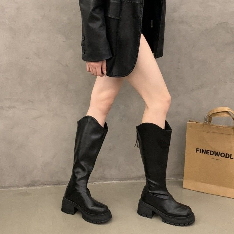 顯瘦V口素面後拉鍊長靴 中筒靴 圓頭靴 靴子女 女靴 靴子 長靴女 膝下靴 皮靴 高筒靴 G8550-細節圖2