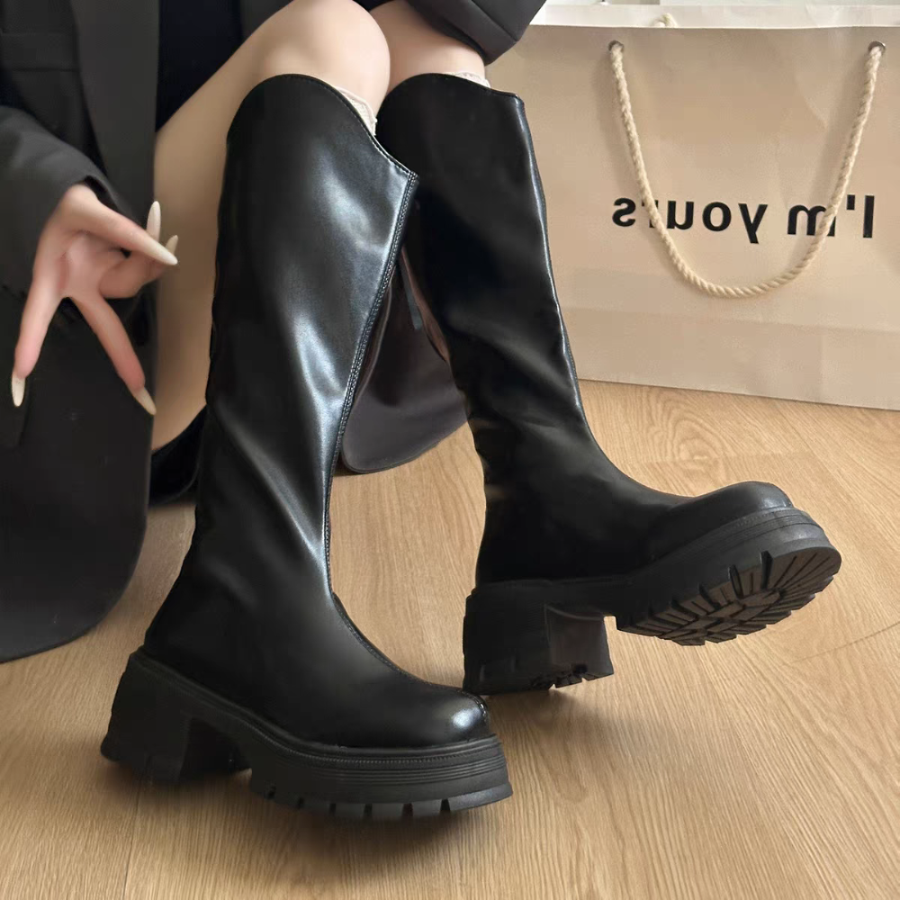 顯瘦V口素面後拉鍊長靴 中筒靴 圓頭靴 靴子女 女靴 靴子 長靴女 膝下靴 皮靴 高筒靴 G8550-細節圖4