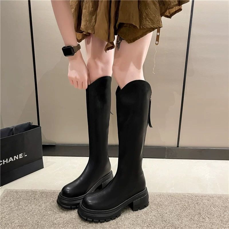 顯瘦V口素面後拉鍊長靴 中筒靴 圓頭靴 靴子女 女靴 靴子 長靴女 膝下靴 皮靴 高筒靴 G8550-細節圖5