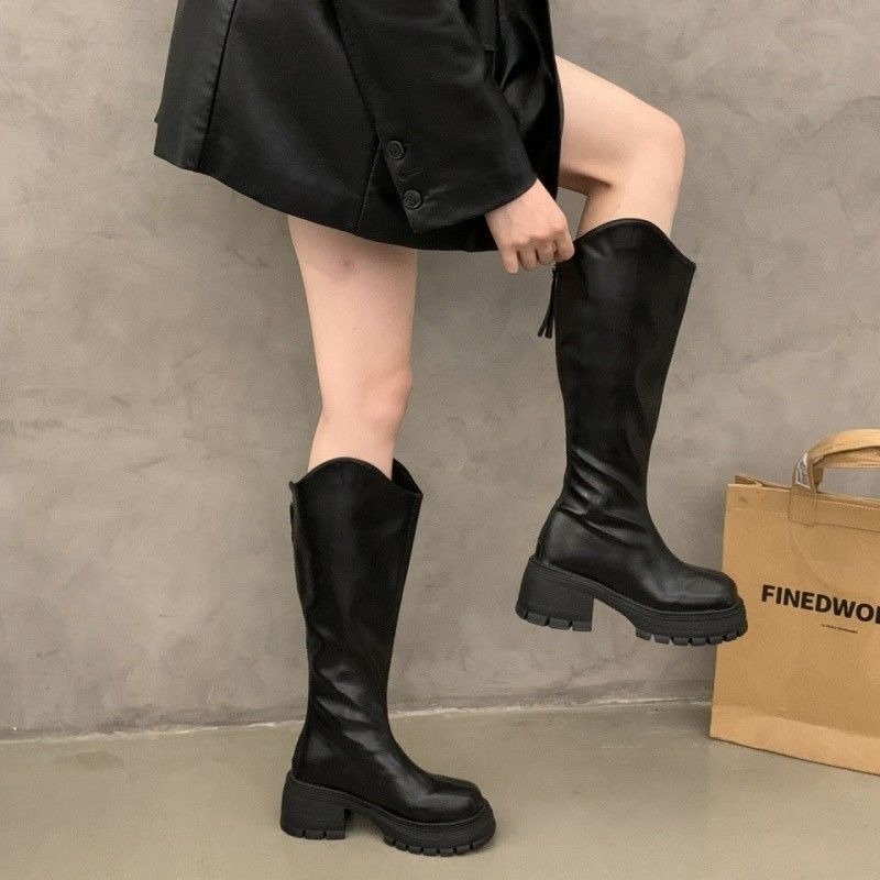 顯瘦V口素面後拉鍊長靴 中筒靴 圓頭靴 靴子女 女靴 靴子 長靴女 膝下靴 皮靴 高筒靴 G8550-細節圖6