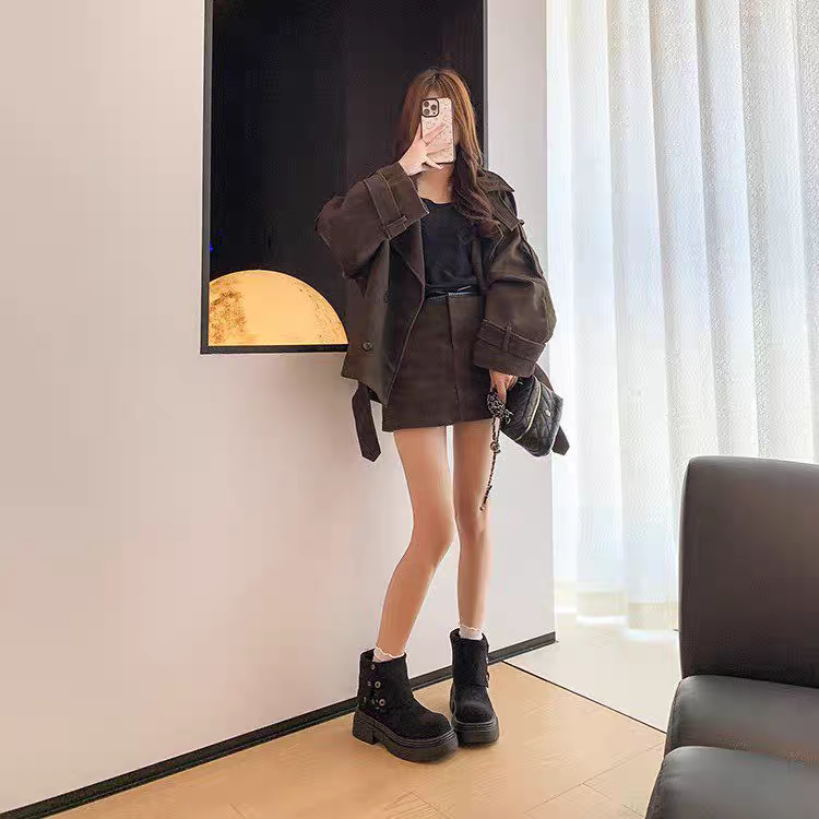 兩種穿法♥️絨布金屬雙帶圓頭厚底靴 厚底長靴 瘦瘦靴 長筒靴 高筒 增高 厚底 顯瘦 騎士靴 長靴 膝下靴 G2185-細節圖2