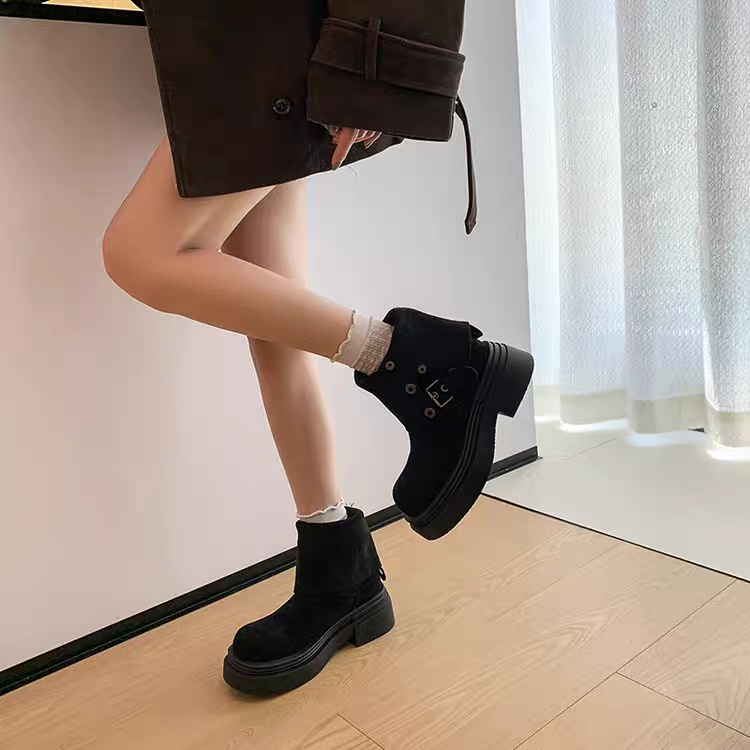 兩種穿法♥️絨布金屬雙帶圓頭厚底靴 厚底長靴 瘦瘦靴 長筒靴 高筒 增高 厚底 顯瘦 騎士靴 長靴 膝下靴 G2185-細節圖3