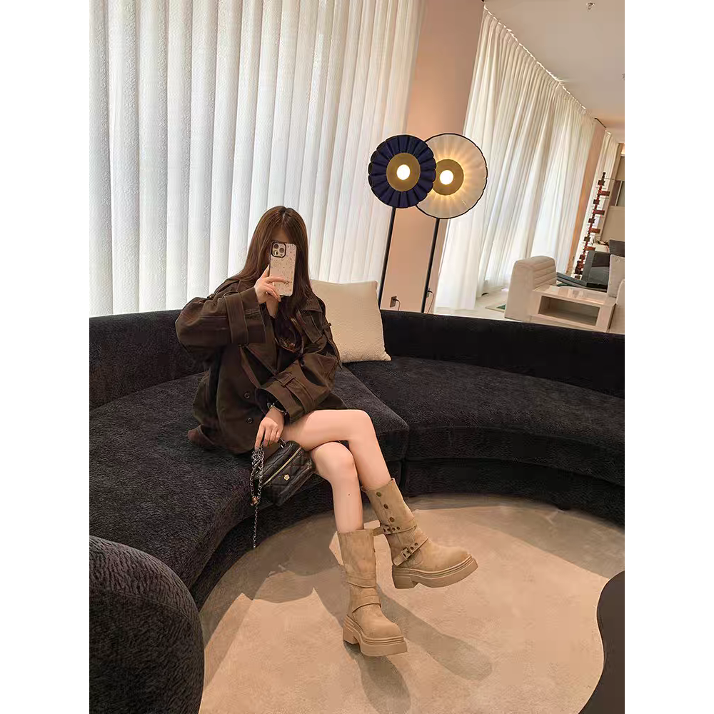 兩種穿法♥️絨布金屬雙帶圓頭厚底靴 厚底長靴 瘦瘦靴 長筒靴 高筒 增高 厚底 顯瘦 騎士靴 長靴 膝下靴 G2185-細節圖4