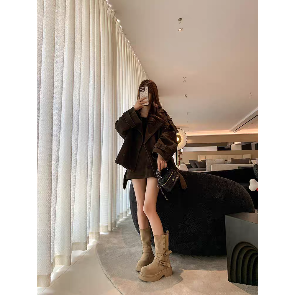 兩種穿法♥️絨布金屬雙帶圓頭厚底靴 厚底長靴 瘦瘦靴 長筒靴 高筒 增高 厚底 顯瘦 騎士靴 長靴 膝下靴 G2185-細節圖5