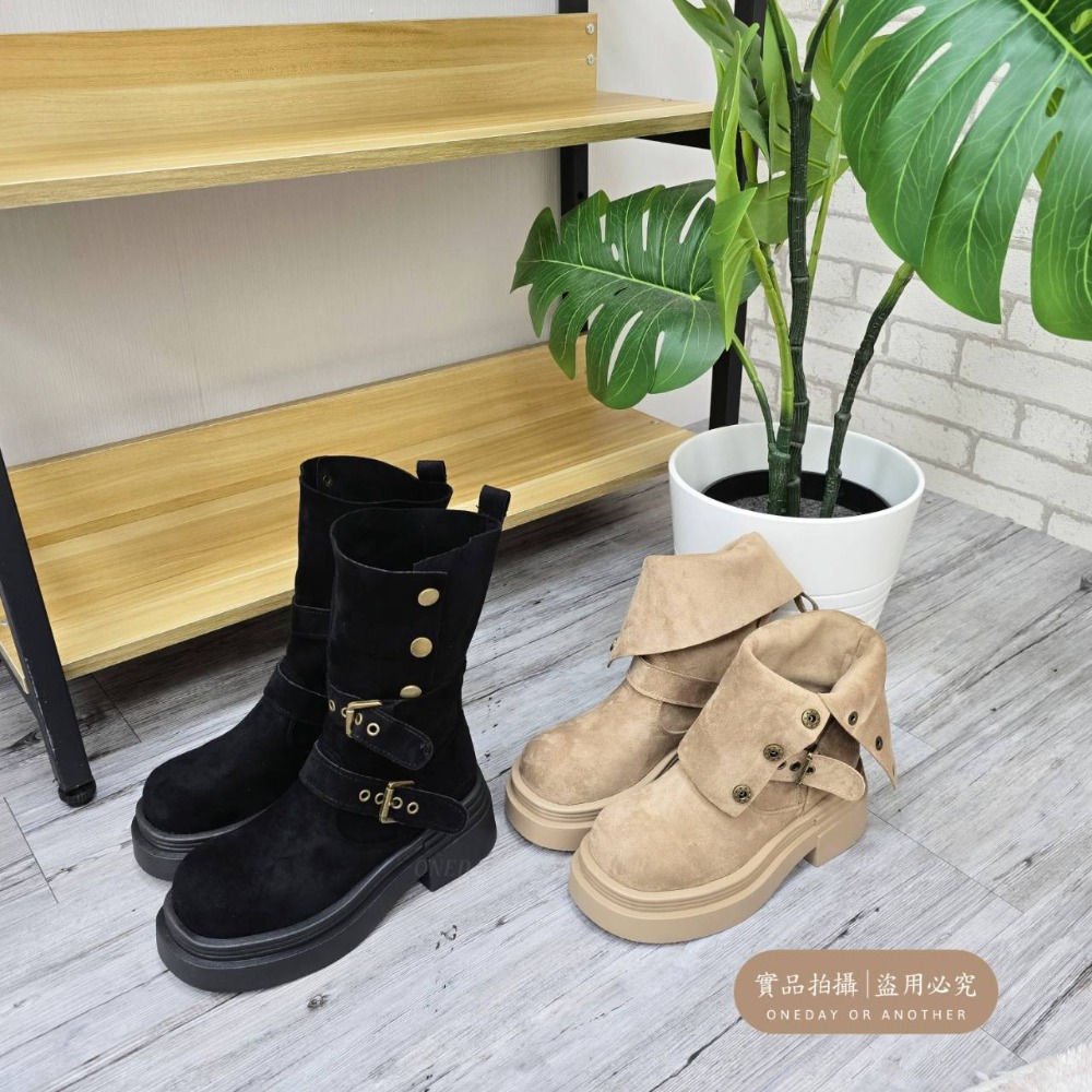 兩種穿法♥️絨布金屬雙帶圓頭厚底靴 厚底長靴 瘦瘦靴 長筒靴 高筒 增高 厚底 顯瘦 騎士靴 長靴 膝下靴 G2185-細節圖7