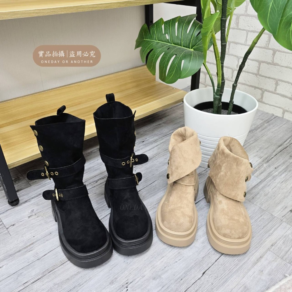 兩種穿法♥️絨布金屬雙帶圓頭厚底靴 厚底長靴 瘦瘦靴 長筒靴 高筒 增高 厚底 顯瘦 騎士靴 長靴 膝下靴 G2185-細節圖8