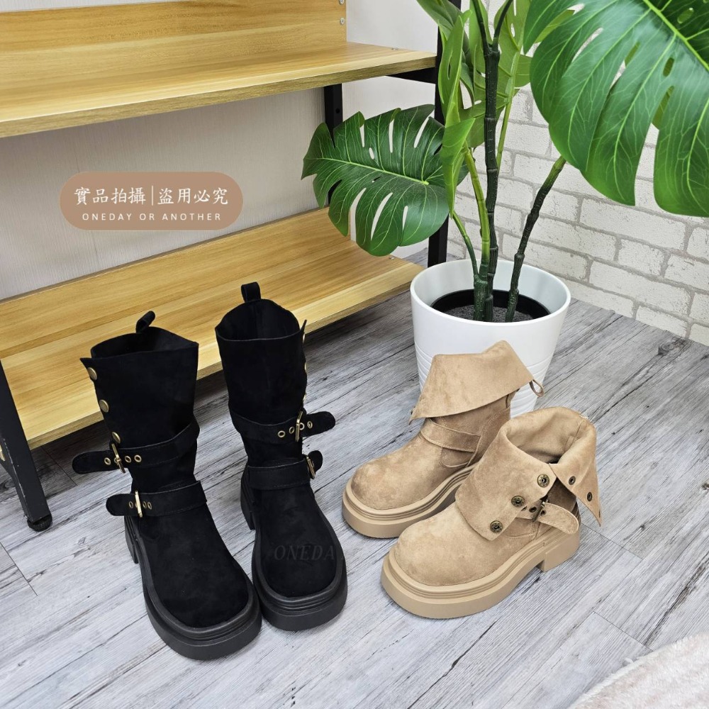 兩種穿法♥️絨布金屬雙帶圓頭厚底靴 厚底長靴 瘦瘦靴 長筒靴 高筒 增高 厚底 顯瘦 騎士靴 長靴 膝下靴 G2185-細節圖9