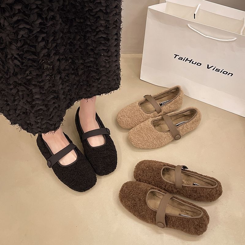 韓國東大門 毛毛平底包鞋 保暖加絨加厚毛絨鞋 保暖鞋 一字扣帶 瑪麗珍鞋 平底鞋 包頭鞋 娃娃鞋 韓國女鞋 D2761-細節圖2