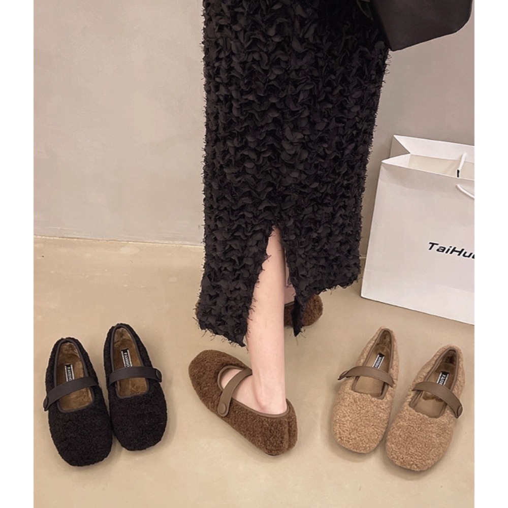 韓國東大門 毛毛平底包鞋 保暖加絨加厚毛絨鞋 保暖鞋 一字扣帶 瑪麗珍鞋 平底鞋 包頭鞋 娃娃鞋 韓國女鞋 D2761-細節圖3