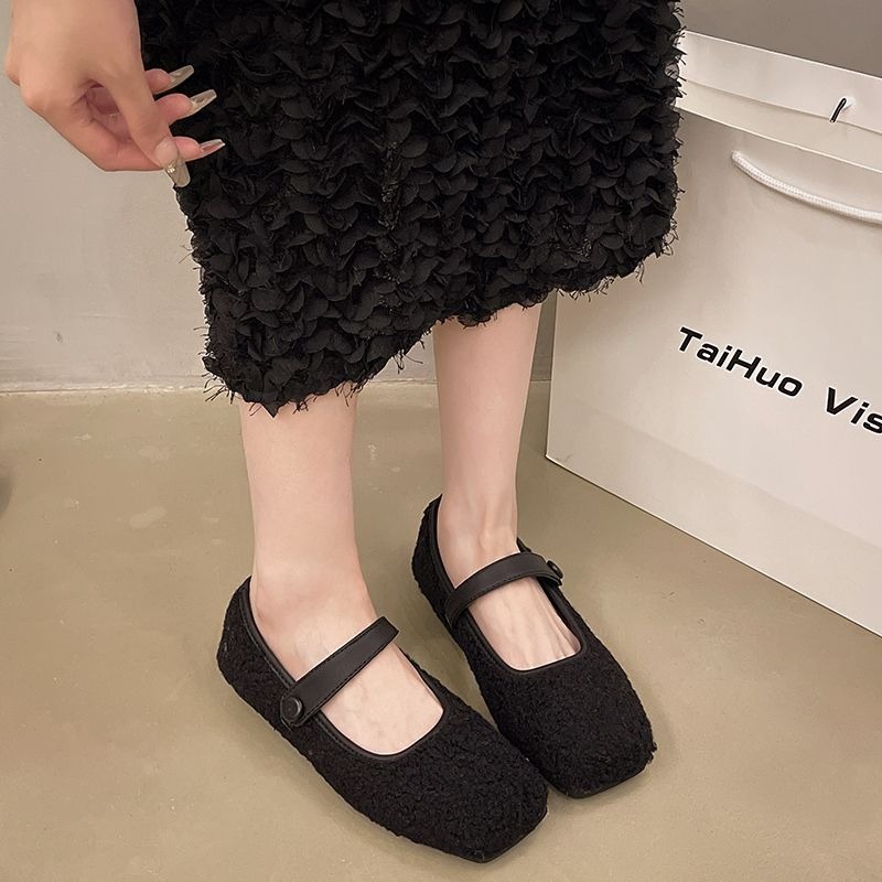 韓國東大門 毛毛平底包鞋 保暖加絨加厚毛絨鞋 保暖鞋 一字扣帶 瑪麗珍鞋 平底鞋 包頭鞋 娃娃鞋 韓國女鞋 D2761-細節圖4