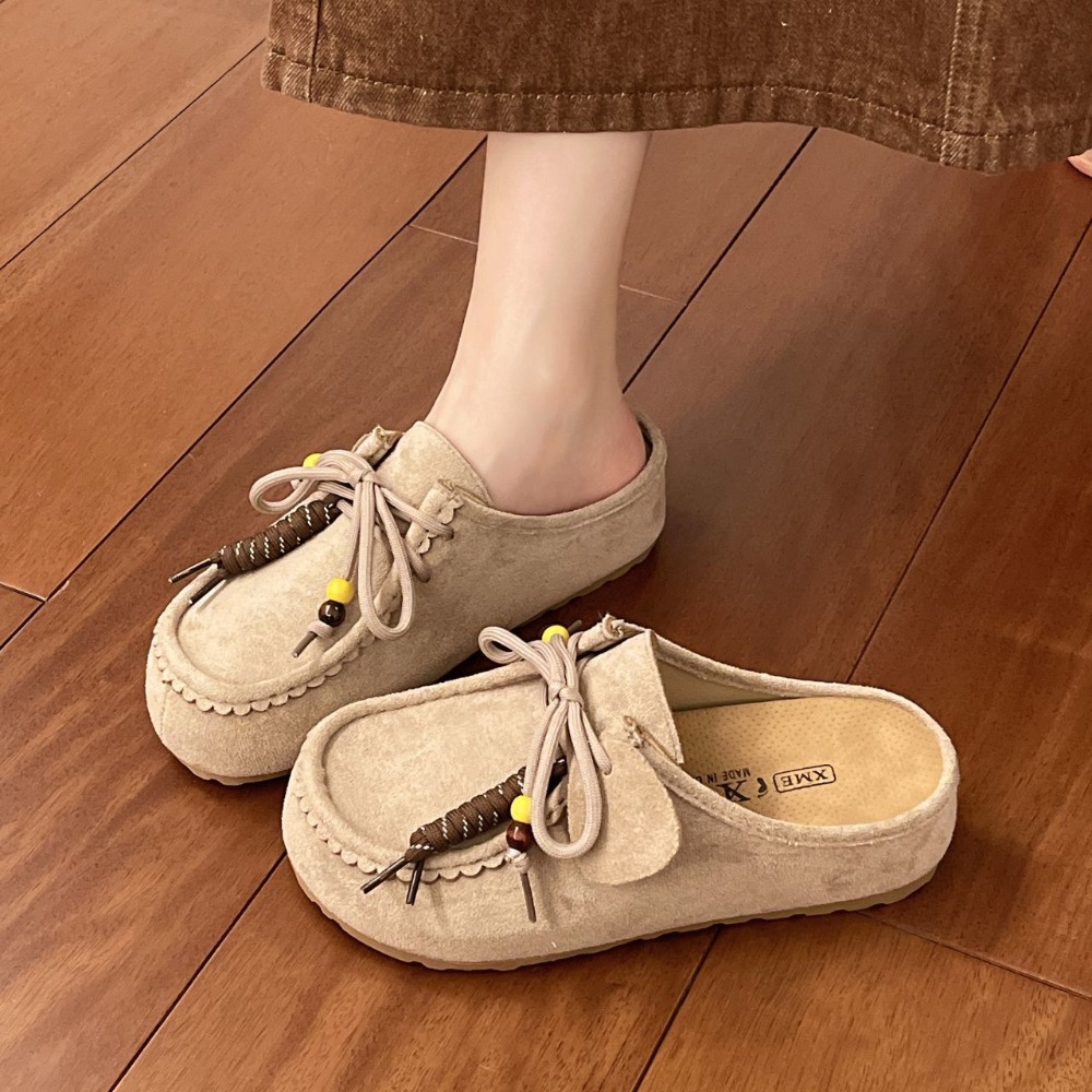 麂皮串珠流蘇綁帶後空休閒鞋 穆勒鞋 半拖鞋 前包後空 懶人鞋 休閒鞋 綁帶鞋 麂皮 綁帶半拖 9907A-細節圖2