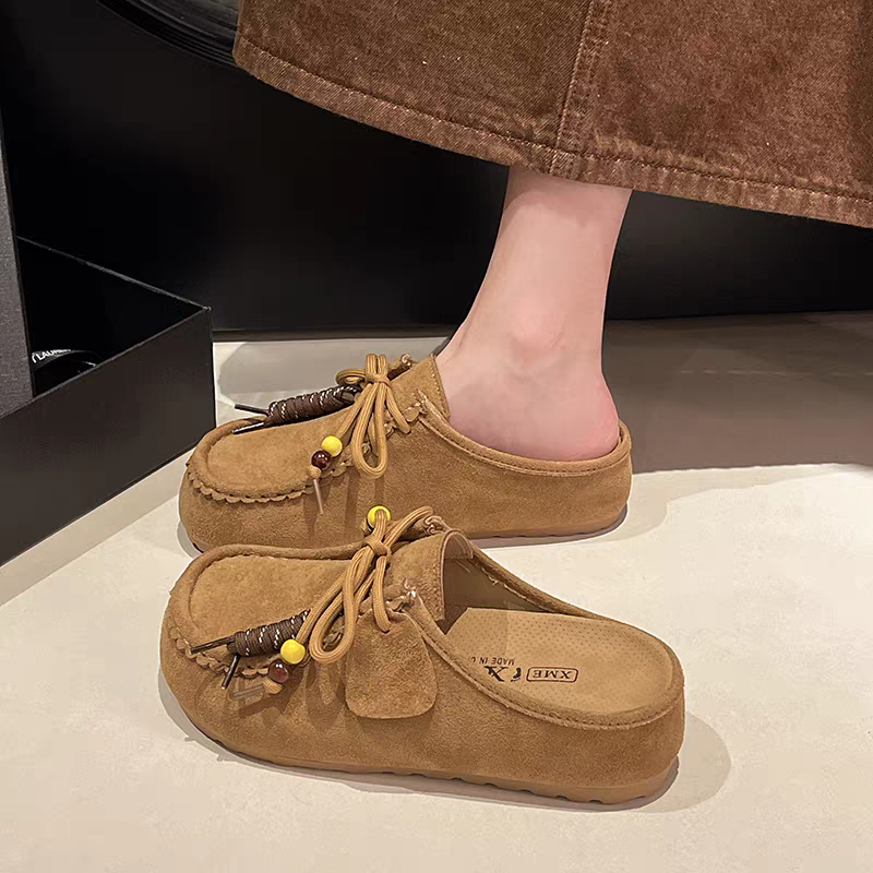 麂皮串珠流蘇綁帶後空休閒鞋 穆勒鞋 半拖鞋 前包後空 懶人鞋 休閒鞋 綁帶鞋 麂皮 綁帶半拖 9907A-細節圖4