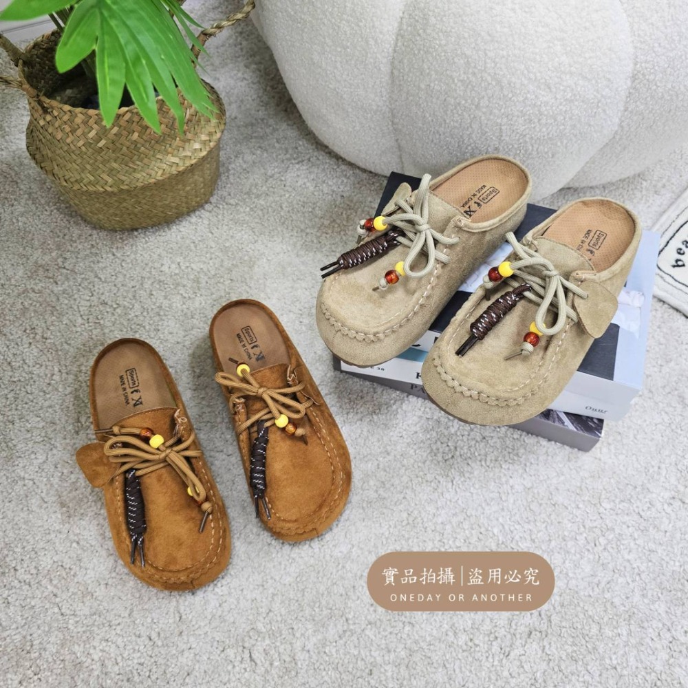 麂皮串珠流蘇綁帶後空休閒鞋 穆勒鞋 半拖鞋 前包後空 懶人鞋 休閒鞋 綁帶鞋 麂皮 綁帶半拖 9907A-細節圖5