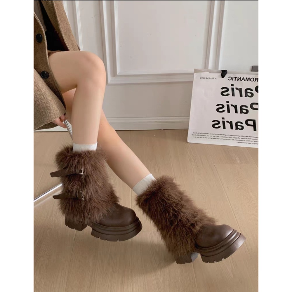 韓國東大門 粗跟厚底雪地靴 保暖加絨加厚短筒靴 防滑毛毛靴 厚底毛毛雪靴 雪地靴 增高 厚底 短筒 保暖靴 1030-細節圖2