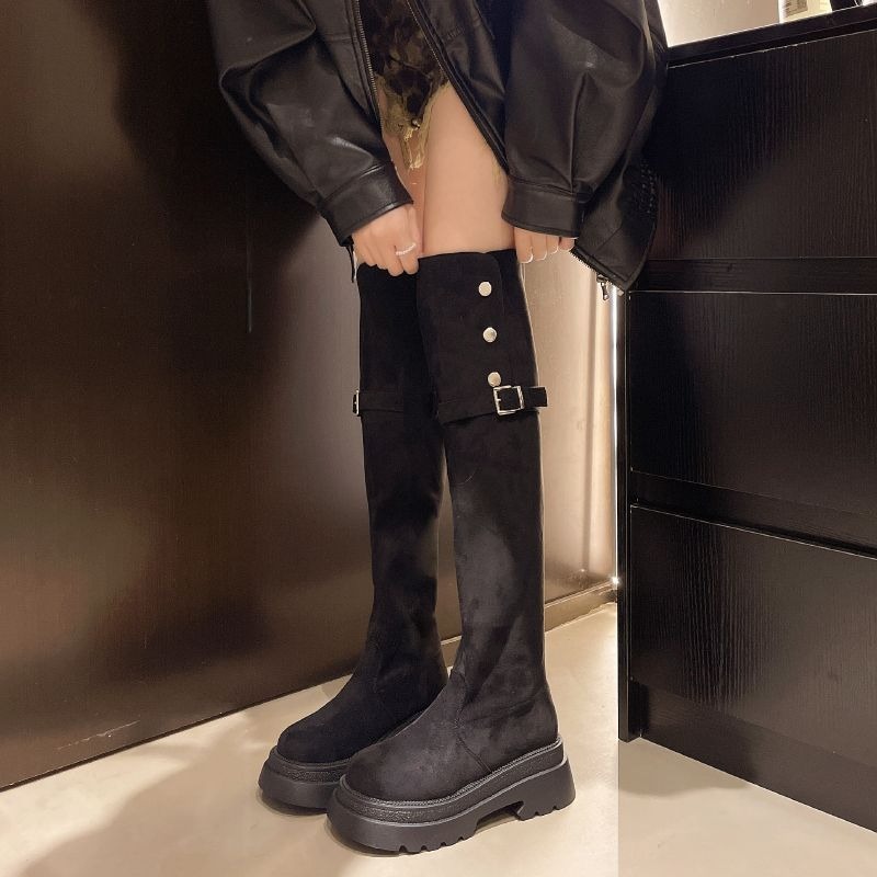 大尺碼36-42 兩穿式 絨面高筒靴 反折長靴 顯瘦長靴 厚底靴 高筒靴 過膝靴 膝上靴 厚底增高長靴 修腳顯瘦6193-細節圖5