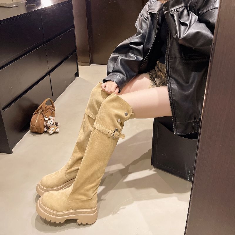大尺碼36-42 兩穿式 絨面高筒靴 反折長靴 顯瘦長靴 厚底靴 高筒靴 過膝靴 膝上靴 厚底增高長靴 修腳顯瘦6193-細節圖6