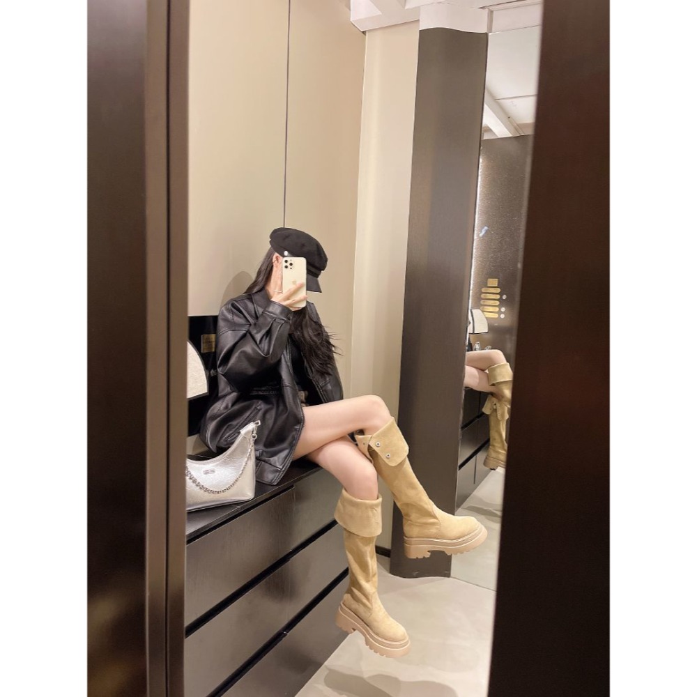 大尺碼36-42 兩穿式 絨面高筒靴 反折長靴 顯瘦長靴 厚底靴 高筒靴 過膝靴 膝上靴 厚底增高長靴 修腳顯瘦6193-細節圖7