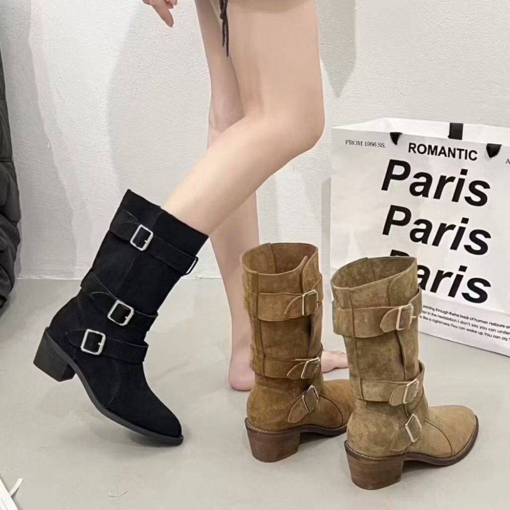 韓版絨面皮帶扣粗跟中筒靴 西部牛仔靴 增高靴 馬丁靴 機車靴 騎士靴 高跟短靴 膝下靴 粗跟素面短靴 中筒靴 813-細節圖2