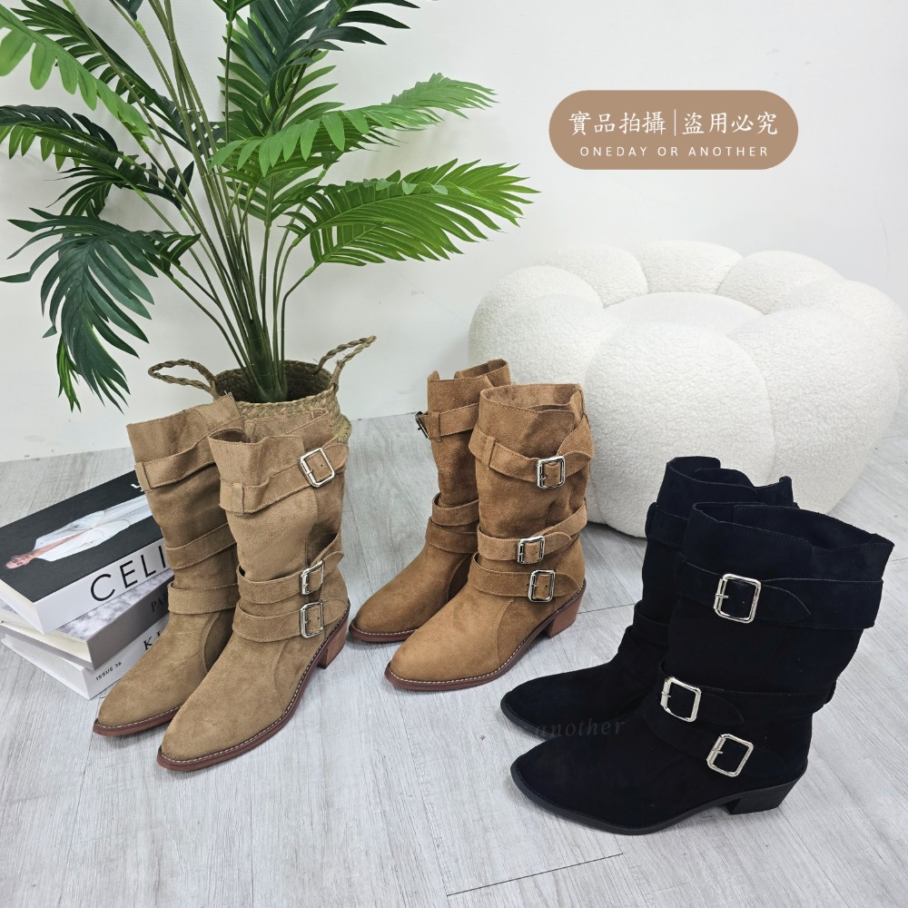 韓版絨面皮帶扣粗跟中筒靴 西部牛仔靴 增高靴 馬丁靴 機車靴 騎士靴 高跟短靴 膝下靴 粗跟素面短靴 中筒靴 813-細節圖6