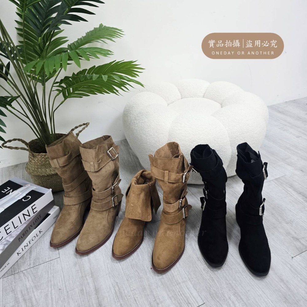 韓版絨面皮帶扣粗跟中筒靴 西部牛仔靴 增高靴 馬丁靴 機車靴 騎士靴 高跟短靴 膝下靴 粗跟素面短靴 中筒靴 813-細節圖7